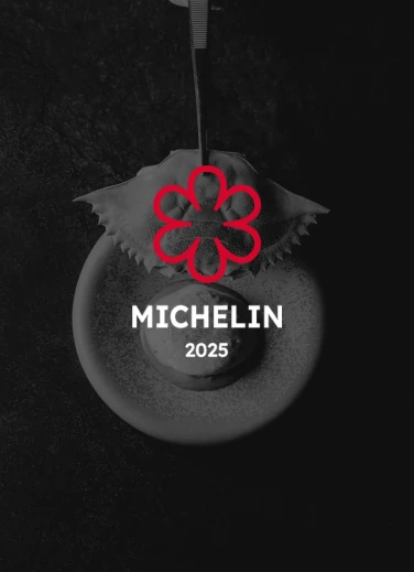 Platillo con presentación artística en fondo oscuro que integra el logo de la Guía Michelin 2025, destacando a KOLI como restaurante galardonado con Estrella Michelin.